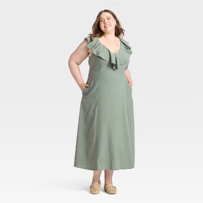 Women's Ruffle Sleeve Maxi A-Line Dress - Universal Thread™ Green 1X | Target