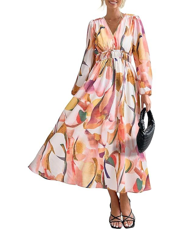 PRETTYGARDEN Women's 2024 Fall Boho Maxi Dress Casual Long Sleeve V Neck Printed Beach Long Flowy... | Amazon (US)