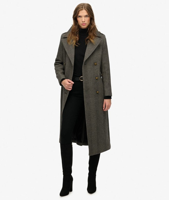 womens Double Breasted Wool Blend Coat in Ivory/Black Herringbone | Superdry UK | Superdry (UK)
