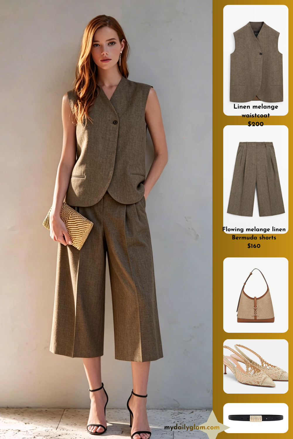 Neutral Earth Tone Linen Sleeveless Vest & Flowy Wide Leg Linen Bermuda Shorts Summer Capsule Outfit

#MinimalFashion #SummerLinenOutfit #CapsuleWardrobe 

 