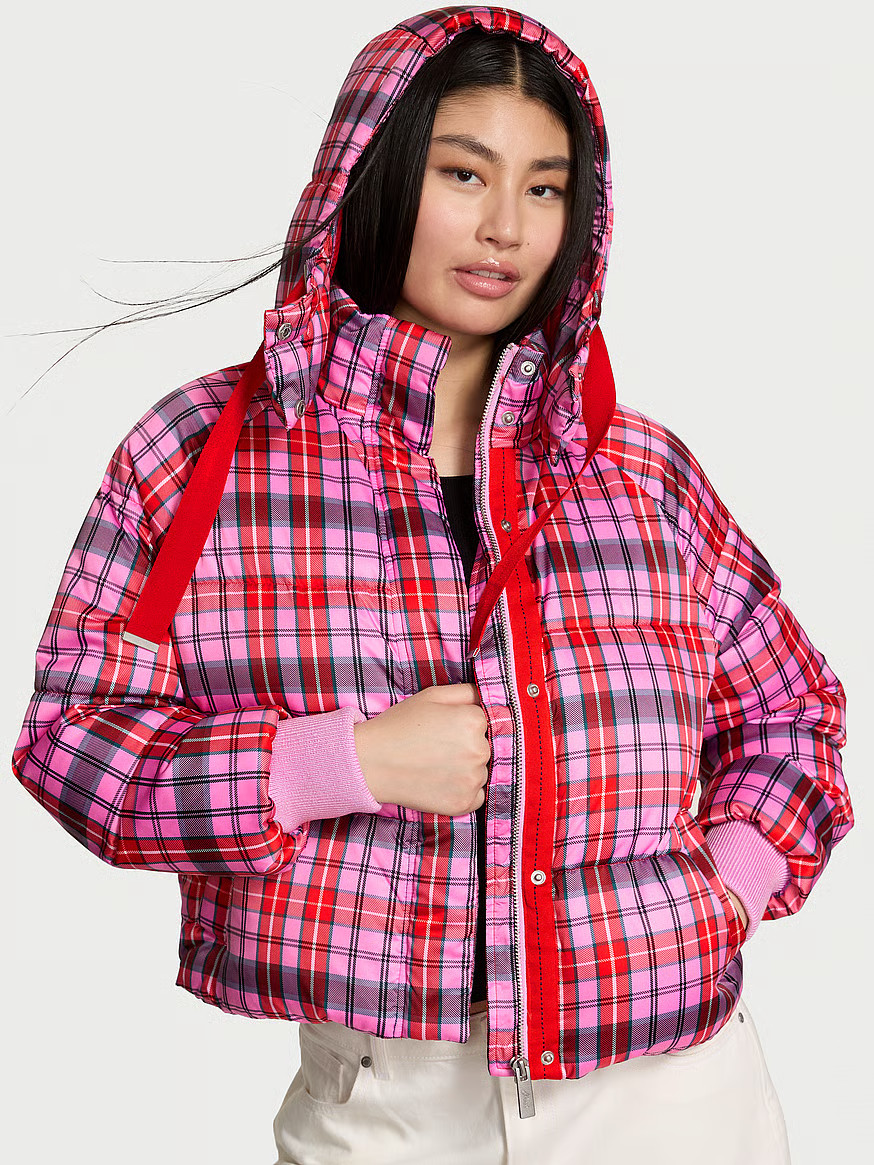 Buy Marshmallow Cropped Puﬀer Jacket, Bright Vermillion And Pink Tulip Plaid - Order Jackets & ... | Victoria's Secret (US / CA )