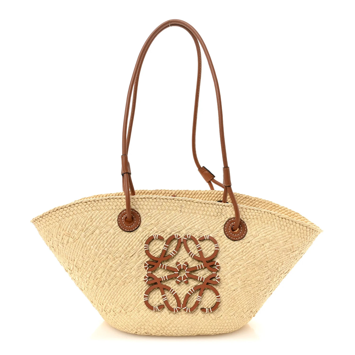 Calfskin Raffia Small Anagram Basket Tote Bag Natural Tan | FASHIONPHILE (US)