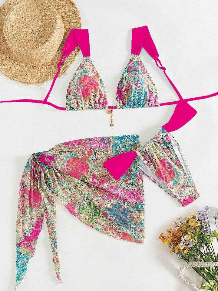 3pcs/Set Random Paisley Print Light Blue Halter Top, Triangle Bikini Bottoms & Chiffon Sarong Skirt Women's Swimsuit, Beach Vacation Style | SHEIN