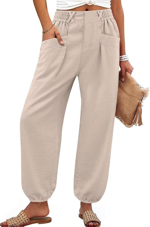 ANRABESS Womens Summer Pants Cropped Elastic Waist Harem Barrel Lounge Casual Work Slacks Beach V... | Amazon (US)
