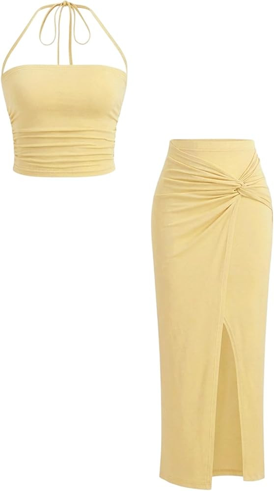 Verdusa Women's 2 Piece Vacation Outfits Ruched Crop Halter Top with Slit Bodycon Long Skirt Goin... | Amazon (US)