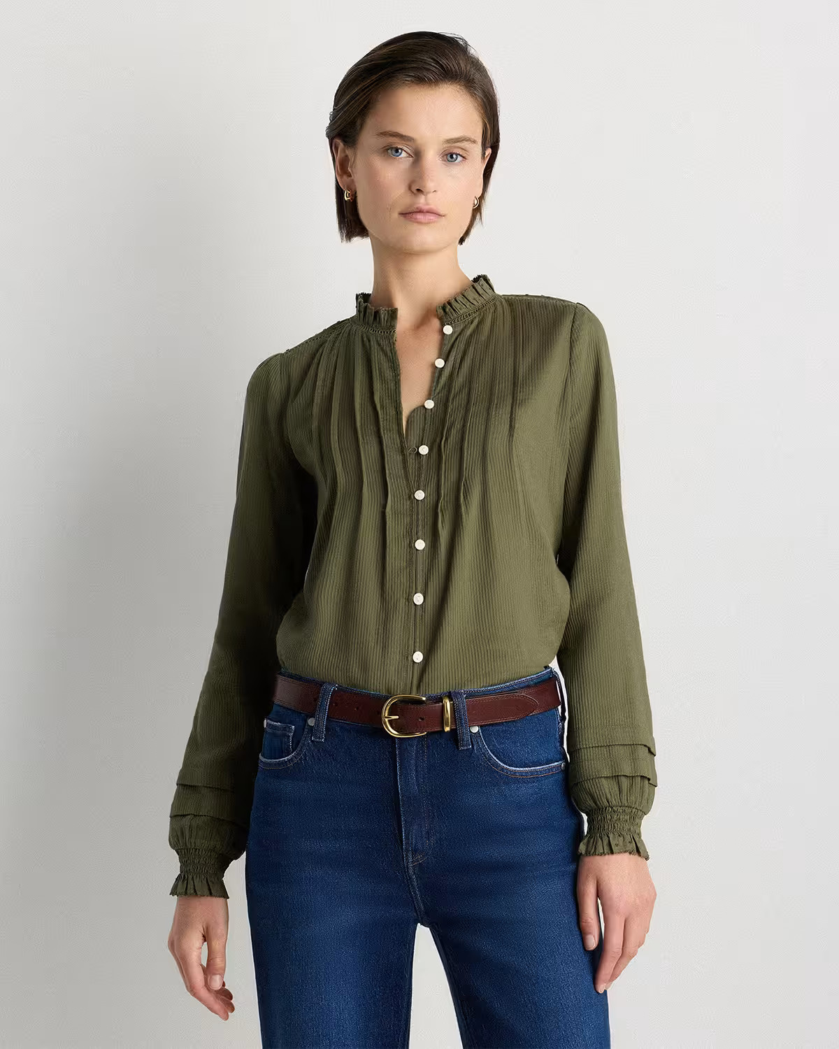 Organic Textured Cotton Peasant Blouse in Caper | Quince