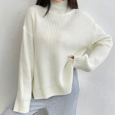 Women's Solid Color White Turtle Neck Long Sleeve Sweater, Simple And Casual For Daily Wear | SHEIN