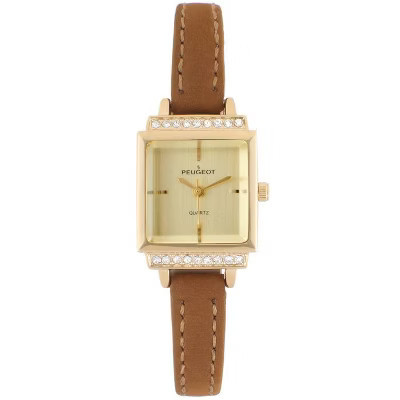 Peugeot Women's 22mm Crystal Watch Gold Dial & Tan Strap | Target
