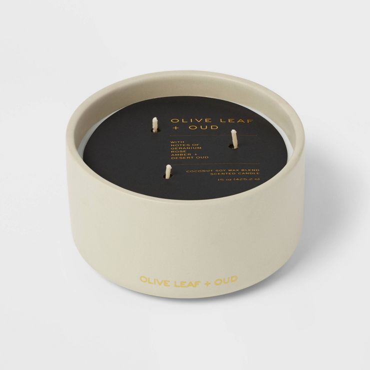 15oz Ceramic Jar 3-Wick Black Label Olive Leaf and Oud Candle - Threshold™ | Target