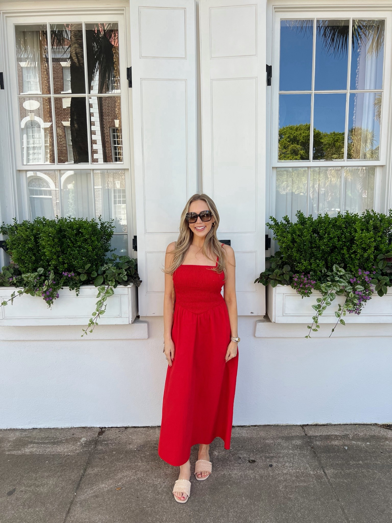 Red midi dress with Gucci tortoise sunglasses 

#LTKootd