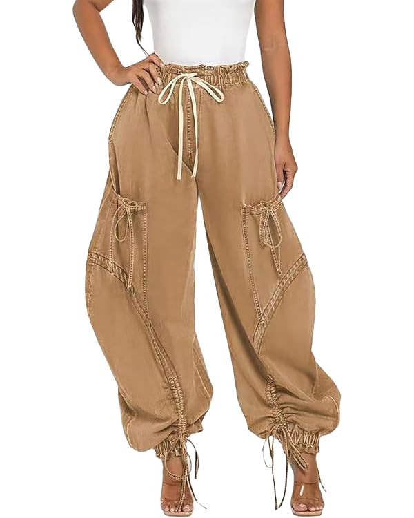 Denim Joggers for Women High Waist Drawstring Loose Wide Leg Oversize Pants with Tie Bow Pockets | Amazon (US)