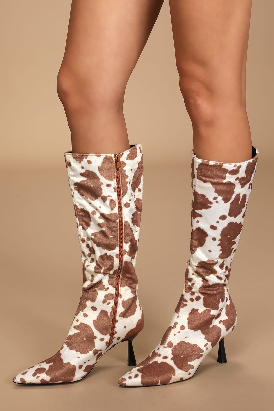 Cattleya Tan and White Cow Print Pointed-Toe Knee High Boots | Lulus (US)