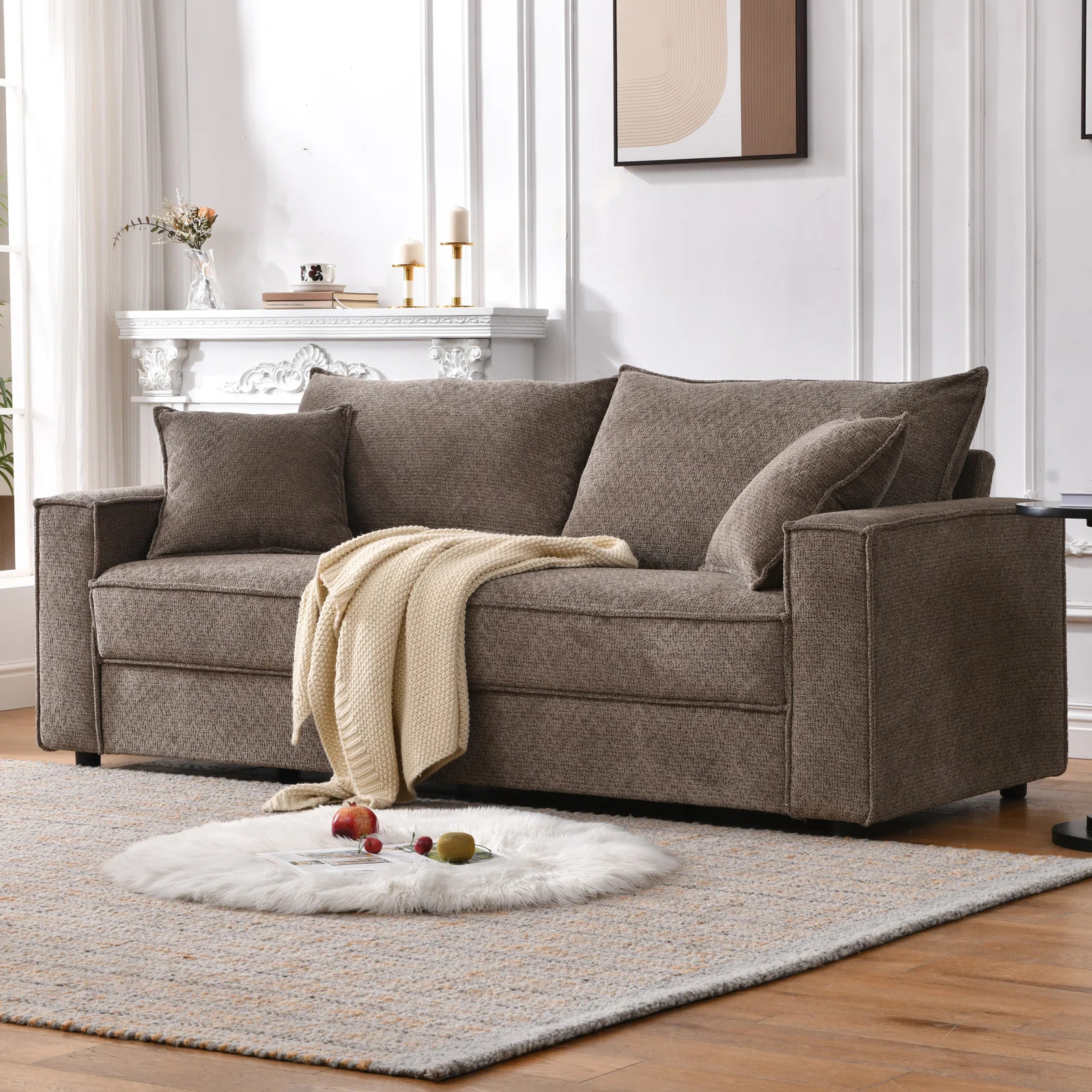 Alcantara 3-Seater 79.5'' Modern Upholstered Sofa with Square Armrests and 2 Throw Pillows | Wayfair North America