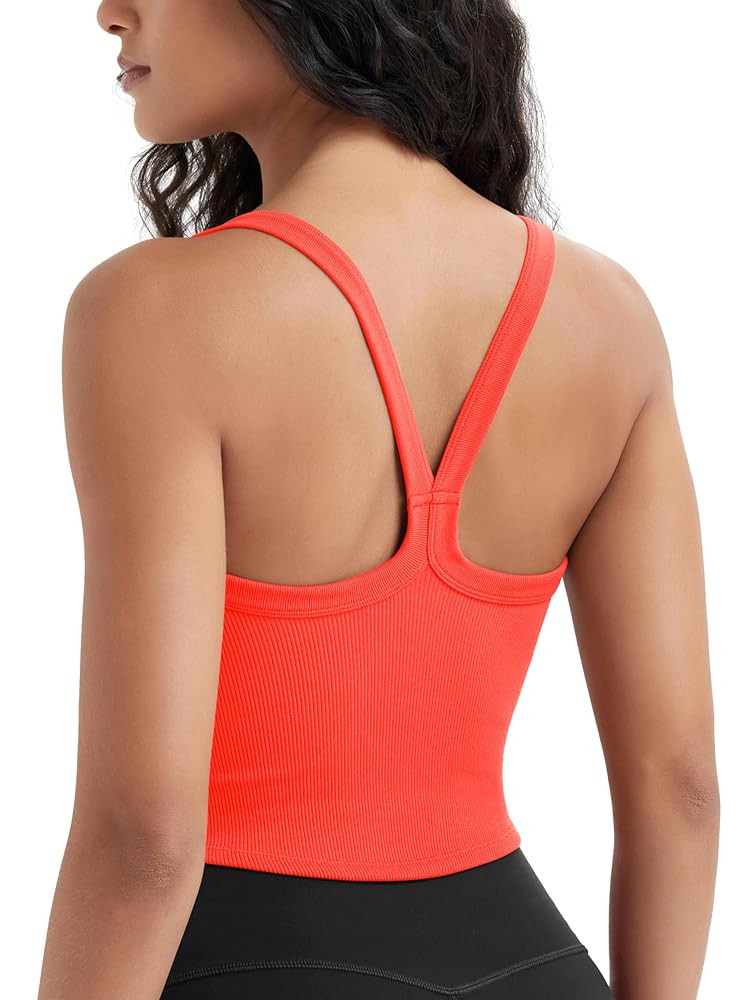 ODODOS Women's Seamless Crop Cami Wide Scoop Neck Ribbed Soft Open Racerback Cropped Tank | Amazon (US)
