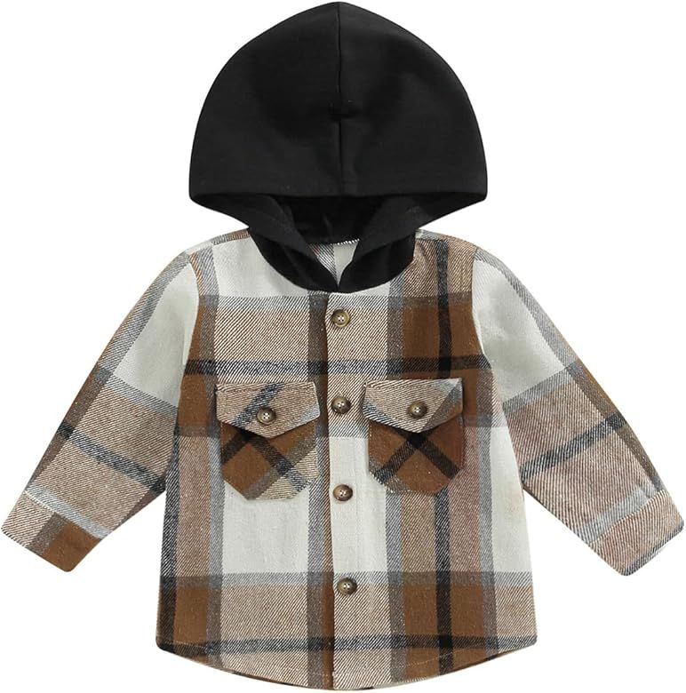 MERSARIPHY Toddler Baby Boys Flannel Shirts Hooded Plaid Shirt Button Down Hoodie Jacket Fall Winter | Amazon (US)