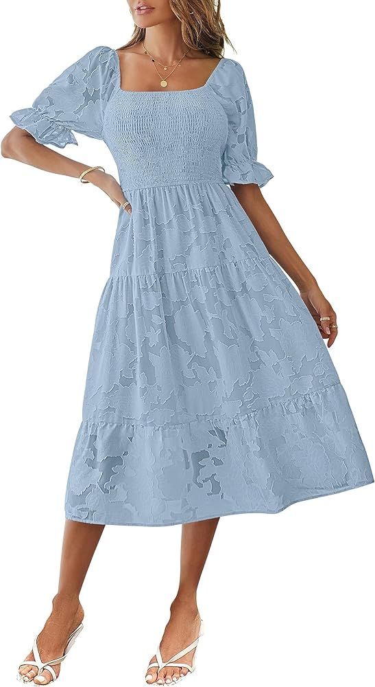 MEROKEETY Womens 2024 Summer Short Puff Sleeve Smocked Square Neck Floral Textured Tiered Midi Dr... | Amazon (US)