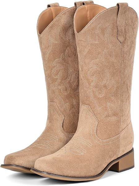 Cowboy Boots For Women Square Toe Wide Suede Western Mid Calf Cowgirl | Amazon (US)