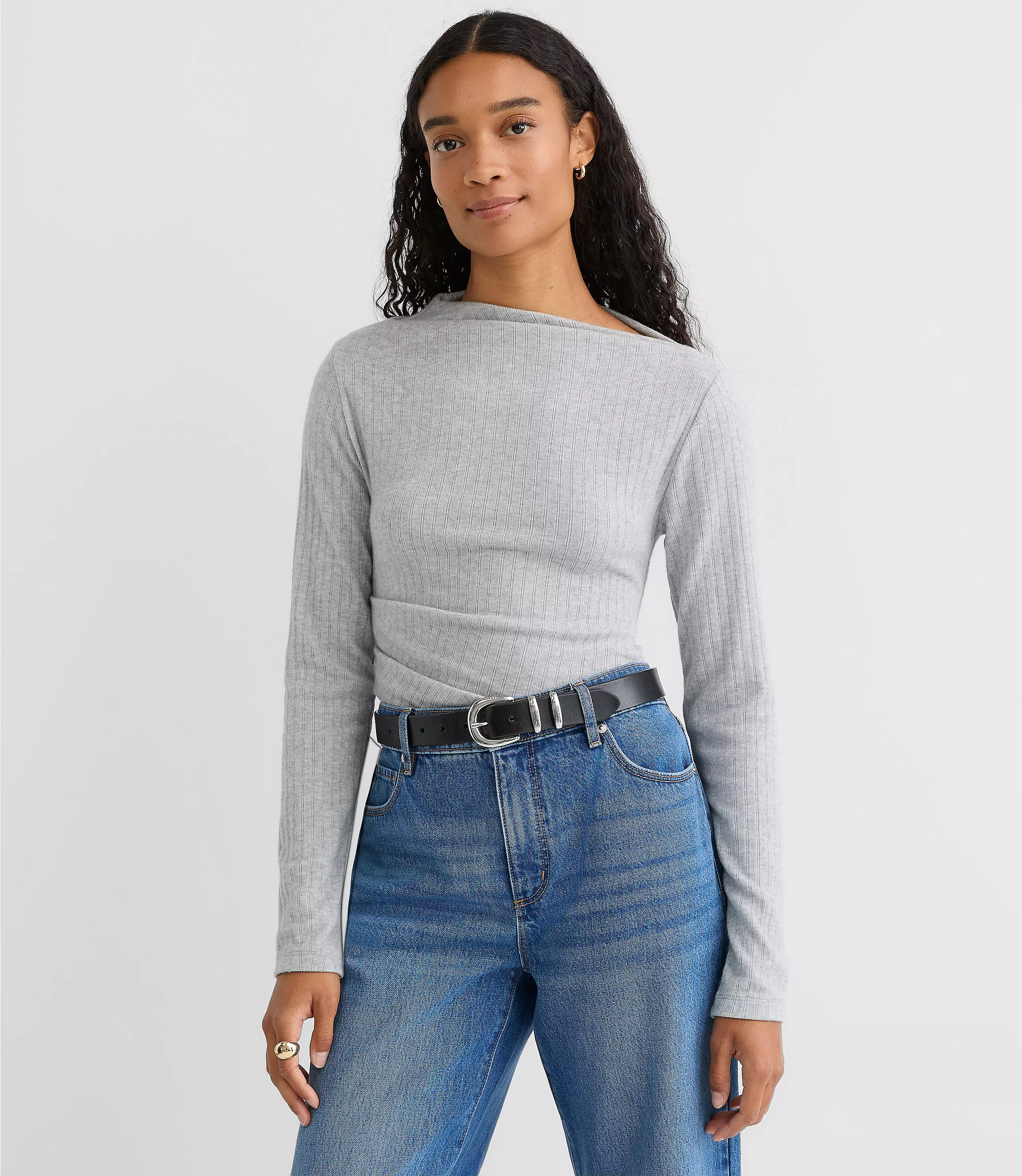 Heathered Cozy Ribbed Asymmetric Neck Top | LOFT