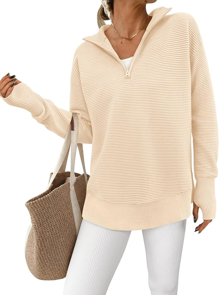 PRETTYGARDEN Womens Long Sleeve Quarter Zip Pullover Sweater Casual Loose V Neck Collared Ribbed ... | Amazon (CA)