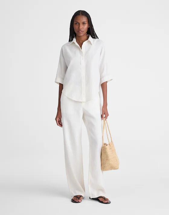 Relaxed Pleat-Sleeve Button-Up Shirt in Cotton-Linen Blend | Madewell