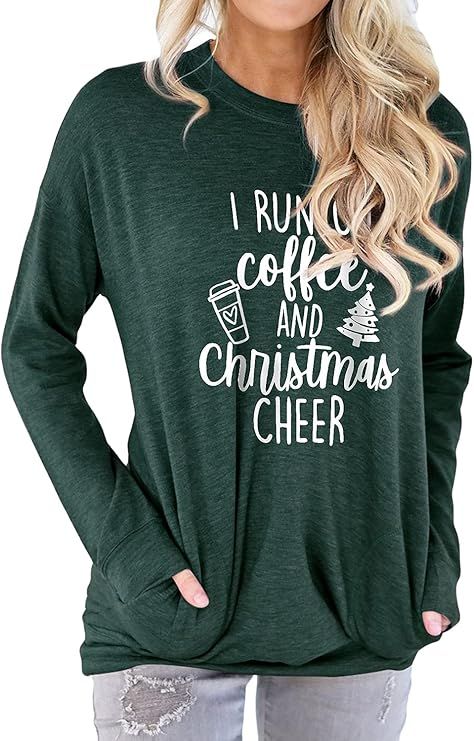 Christmas Shirts for Women I Run On Coffee Christmas Cheer Long Sleeve VacationTops Vintage Graph... | Amazon (US)