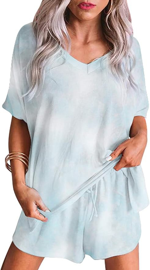LookbookStore Women's Cozy Short Pajama Sets Printed Two Pieces Loungewear Nightwear Sleepwear Ti... | Amazon (US)