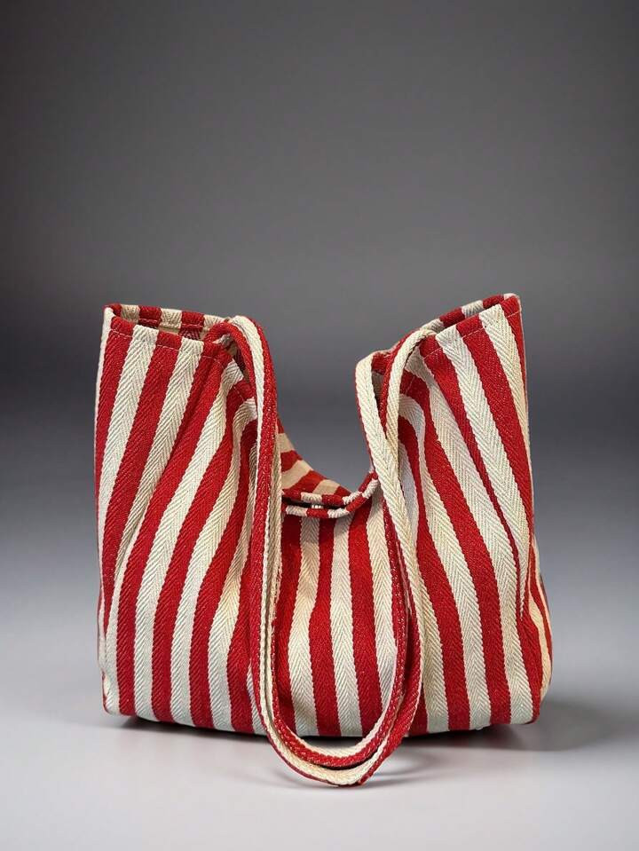 Chic Retro Striped Canvas Tote Bag, Literary Large Capacity Spacious & Versatile, Ideal For Work, School Or Day Out, School Bag, Canvas Bag, Beach Bag, Shopping Bag [Vertical Stripe Color Placement Random] | SHEIN