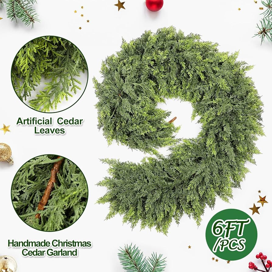 Waydress 2 Pcs 6ft Christmas Cedar Garland Artificial Green Cedar Garland Faux Cedar Pine Needles Garland for Home Fireplace Indoor Outdoor Holiday Party Decoration | Amazon (US)