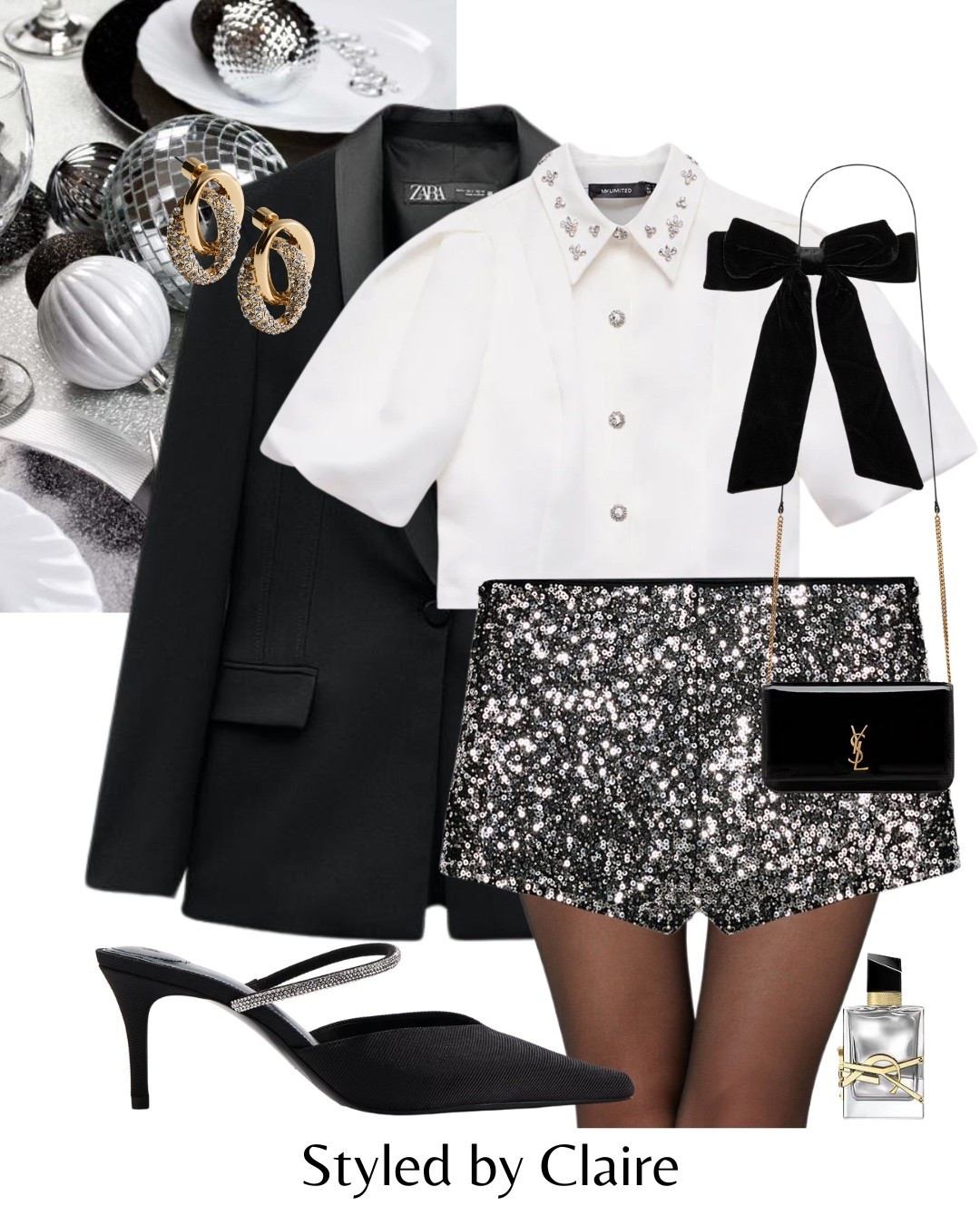 SILVER SEQUINS🪩🪩
Tags: mini shorts embellished rhinestone mules Zara H&M collar shirt mint velvet satin blazer black velvet bow ysl bag fashion partywear party Christmas night out inspo outfit ideas chic women’s style festive sparkle sparkly 

#LTKfestive #LTKpartywear #LTKstyletip