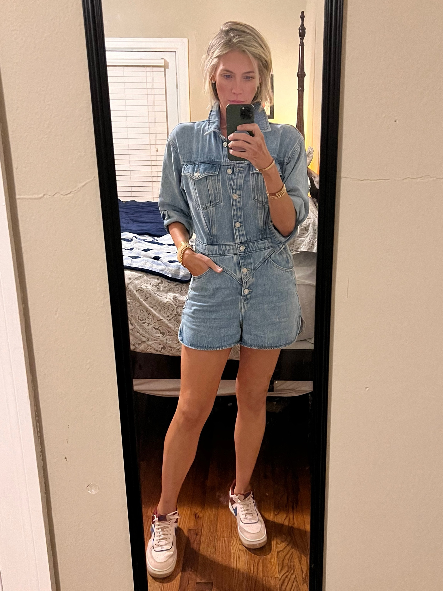 Easy concert outfit. Denim romper outfit. Nike sneakers. 

Wearing a medium. Fits TTS. 6ft tall. If you’re hoppy or busty, size up  

#LTKFindsUnder100 #LTKxNSale #LTKSummerSales