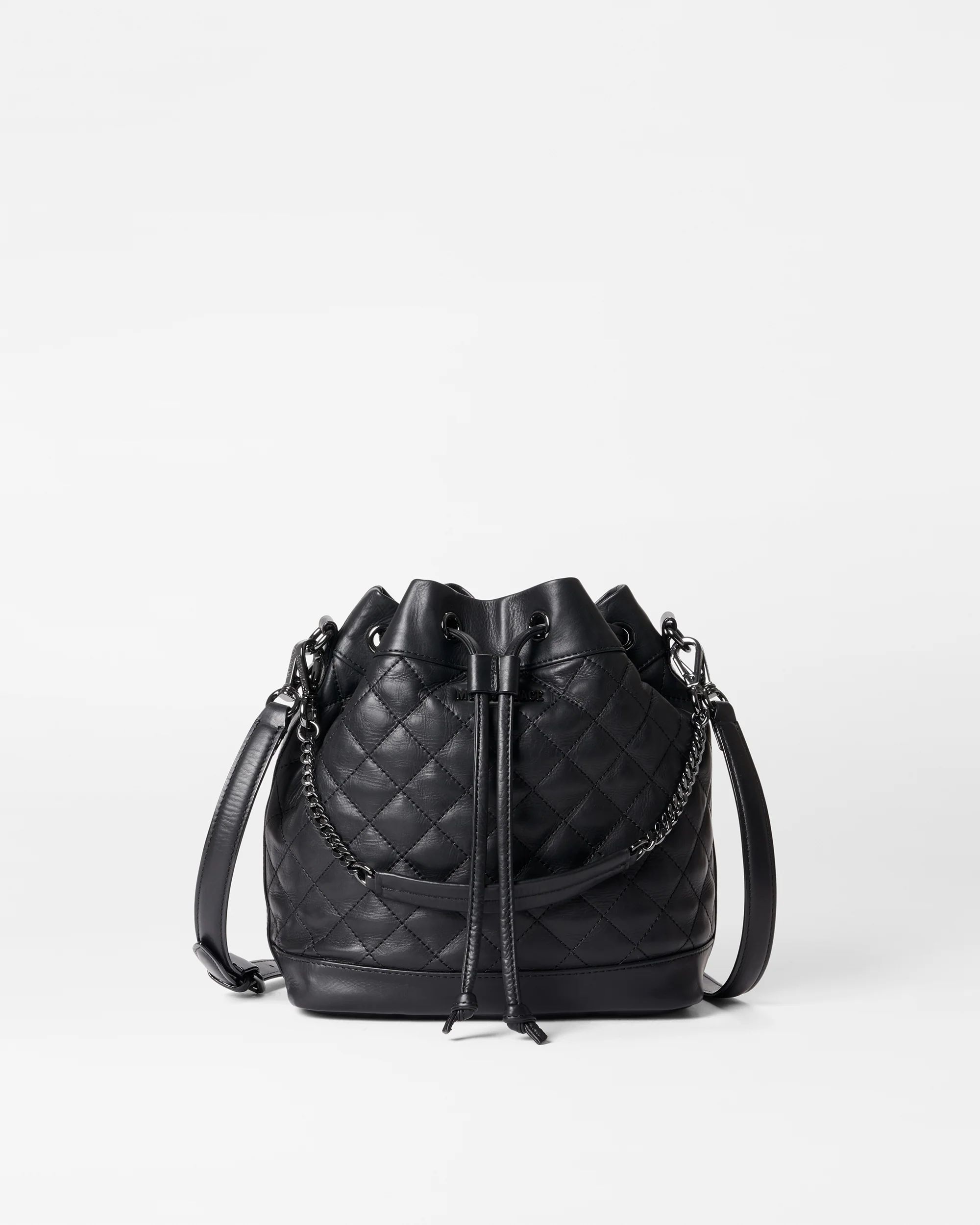 Black Quilted Leather Small Drawstring Bucket Bag | MZ Wallace