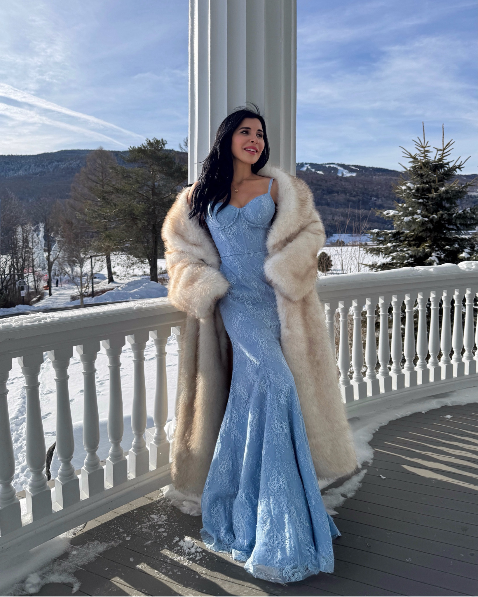 Blue lace bridesmaid/ prom/ wedding guest/ special occasion bustier gown maxi dress paired with beige faux fur coat 🩵

#LTKWedding #LTKSeasonal #LTKParties