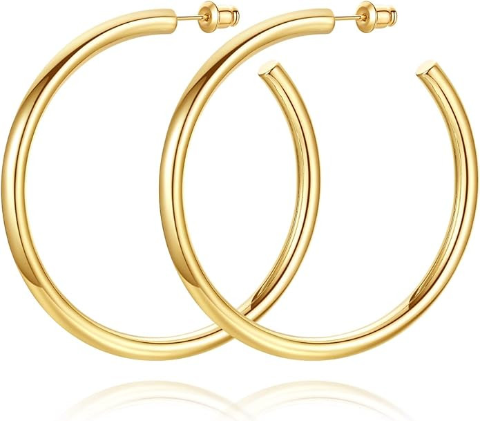 Howoo 14K Gold Plated Chunky Gold Hoops High Polished Gold Hoop Earrings for Women | Amazon (US)