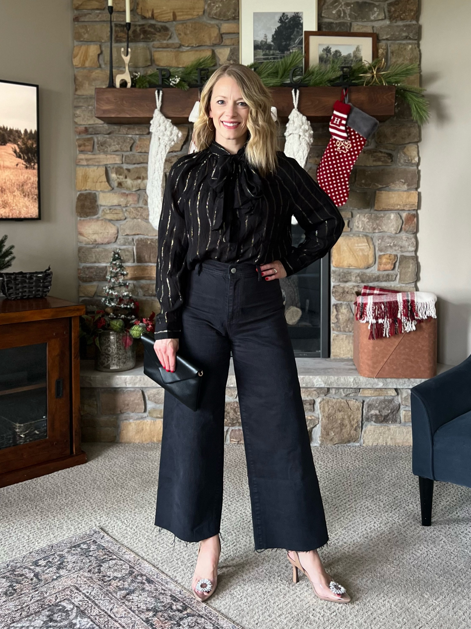 Melissa’s fun & festive Target Tuesday! You know we love these wide leg jeans - ✂️ to the perfect length! And this blouse with the gorgeous bow and shimmery details! Perfect for an office party!cheers

#LTKOver40 #LTKParties #LTKHoliday