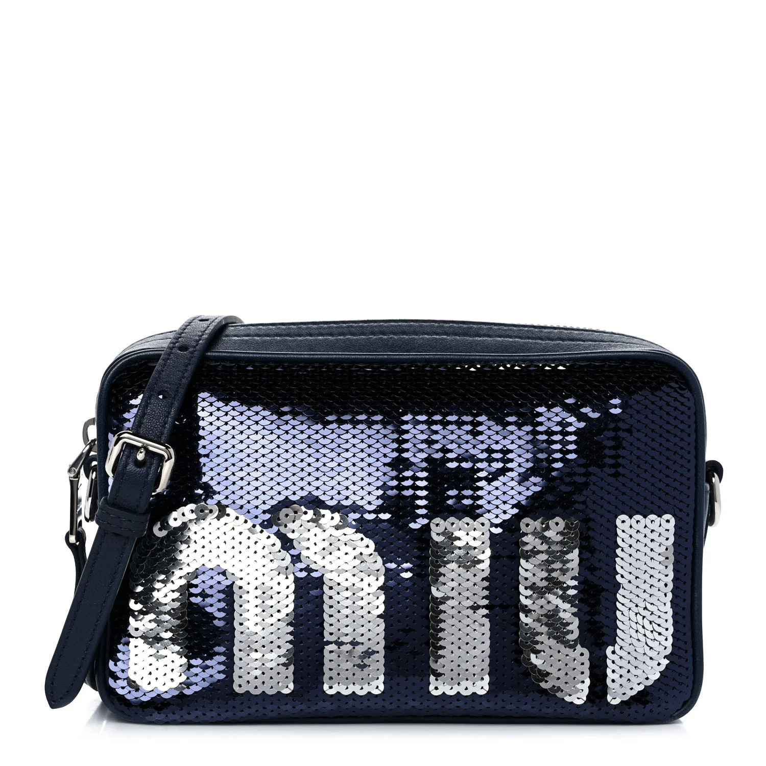 MIU MIU Paillettes Sequin Logo Camera Bag Bleu | FASHIONPHILE | Fashionphile