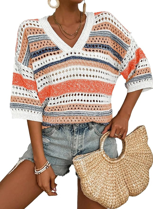 Acelitt Womens Short Sleeve Crochet Knit Sweater Hollow Out Striped Tops Beach Vacation Cruise Ou... | Amazon (US)