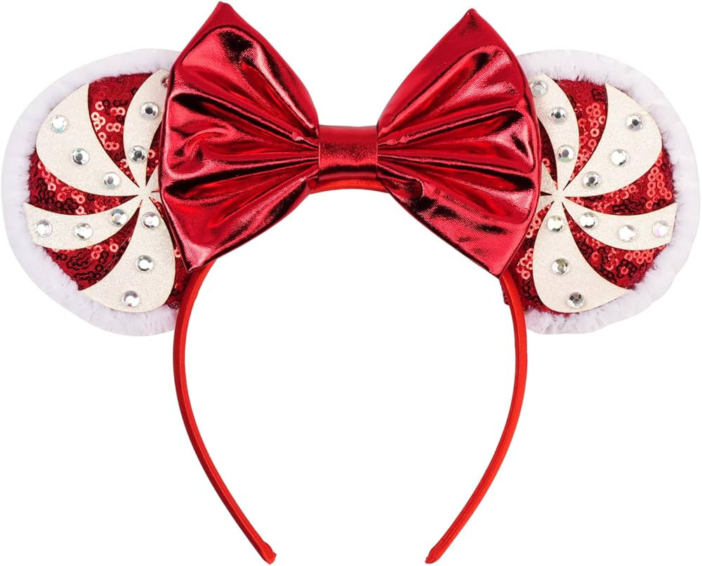 Christmas Peppermint Mouse Ears Headband - Red Sequin Peppermint Swirl with Shiny Red Bow | Holid... | Amazon (US)