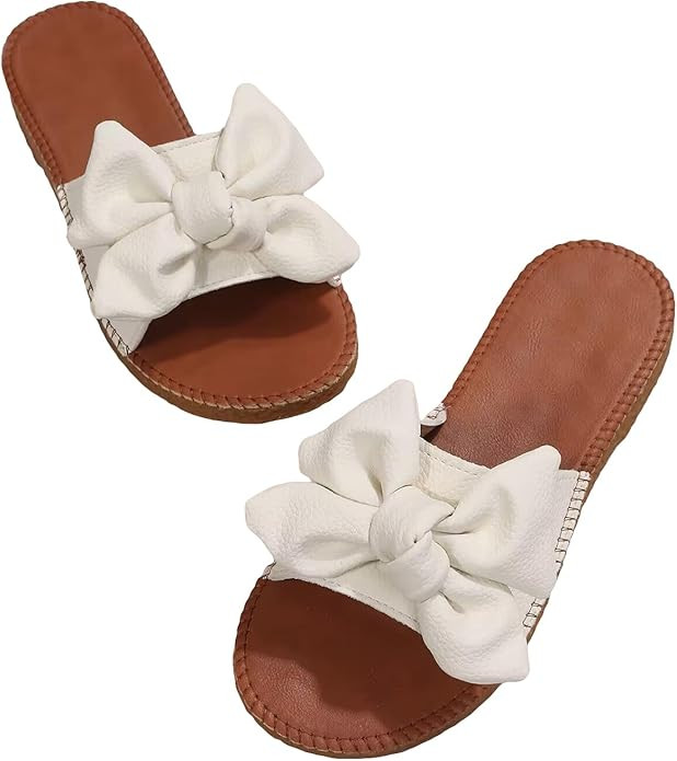 Verdusa Women's Open Toe Flat Sandals Bow Knot Slides Leather Summer Slippers | Amazon (US)