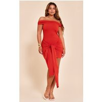 Shape Deep Red Sculpt Fold Over Bardot Wrap Waist Drape Mini Dress | PrettyLittleThing US