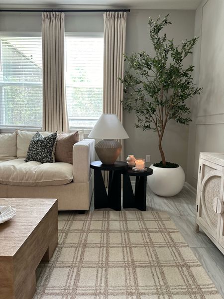 Loving this new corner of the living room! Linked very similar end tables to my new ones. Living room, end table, oversized planter, olive tree, Loloi rug, neutral living room decor, target home finds 

#LTKHome