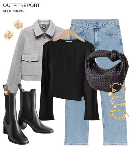 Denim jeans grey coat jacket black top black Chelsea booties 

#LTKstyletip #LTKitbag #LTKshoecrush