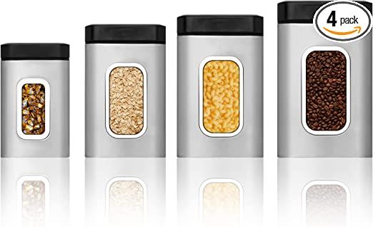 ALhom Kitchen Canister Set of 4 with Black Lids, Stainless Steel Canister Set, Four, Sugar, Tea S... | Amazon (US)