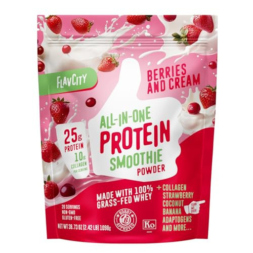 FlavCity Grass Fed Whey Protein Powder - Berries & Cream - 25g Protein & 10g Collagen - Made with Organic Strawberries & Coconut Milk - Gluten Free & No Added Sugars (20 Servings) | Amazon (US)