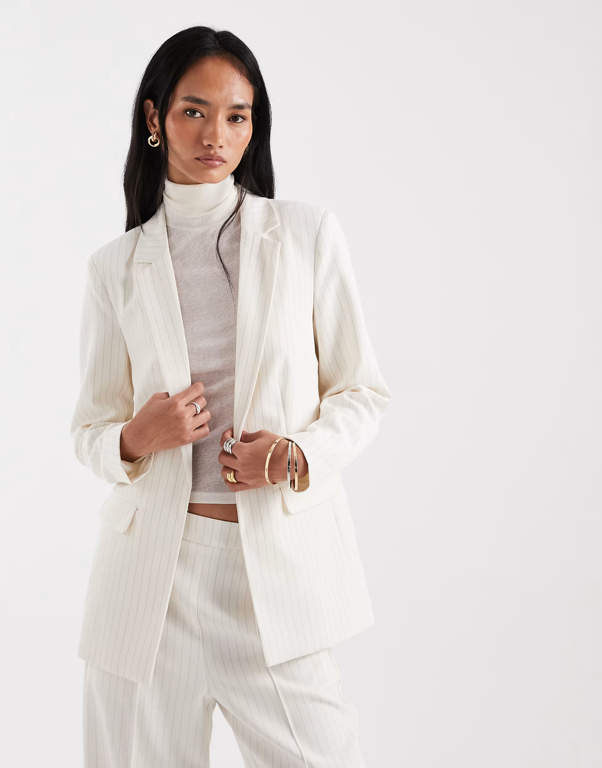 PIECES tailored oversized blazer in birch cream pinstripe - part of a set | ASOS (Global)