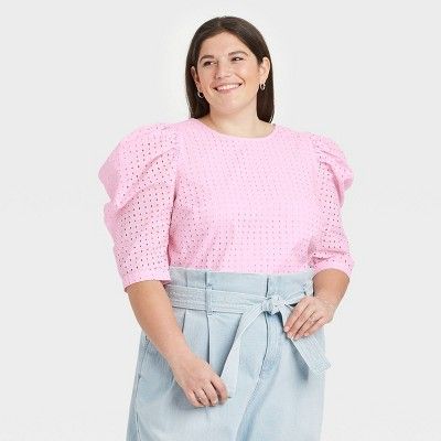 Women's Elbow Sleeve Eyelet Top - A New Day™ | Target