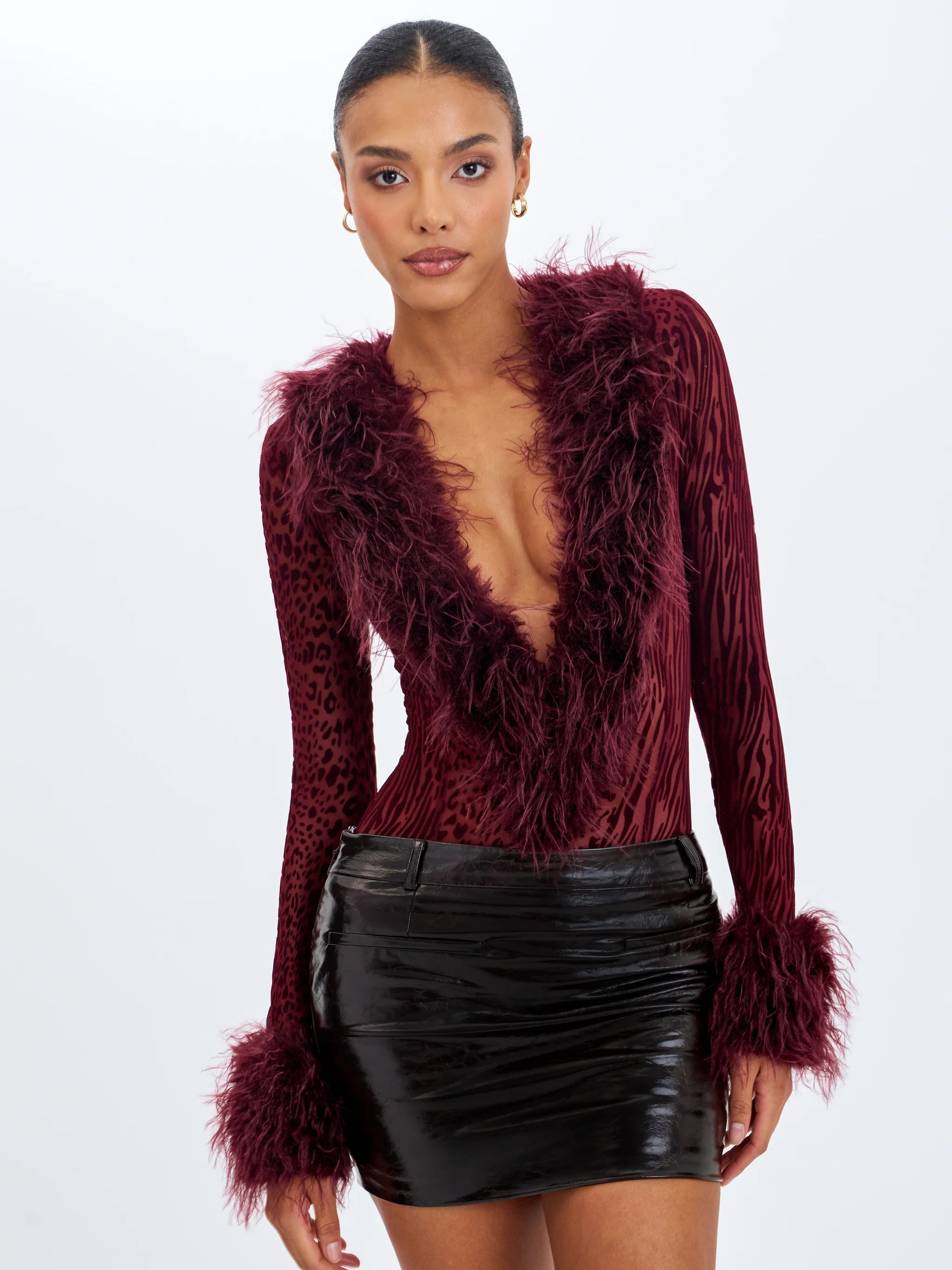Valene Burgundy Burnout Velvet Fur-Trim Bodysuit | Miss Circle