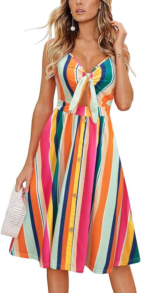LAISHEN Womens Floral Sundress V Neck Tie Knot Front Spaghetti Strap Summer Dresses with Pockets | Amazon (US)
