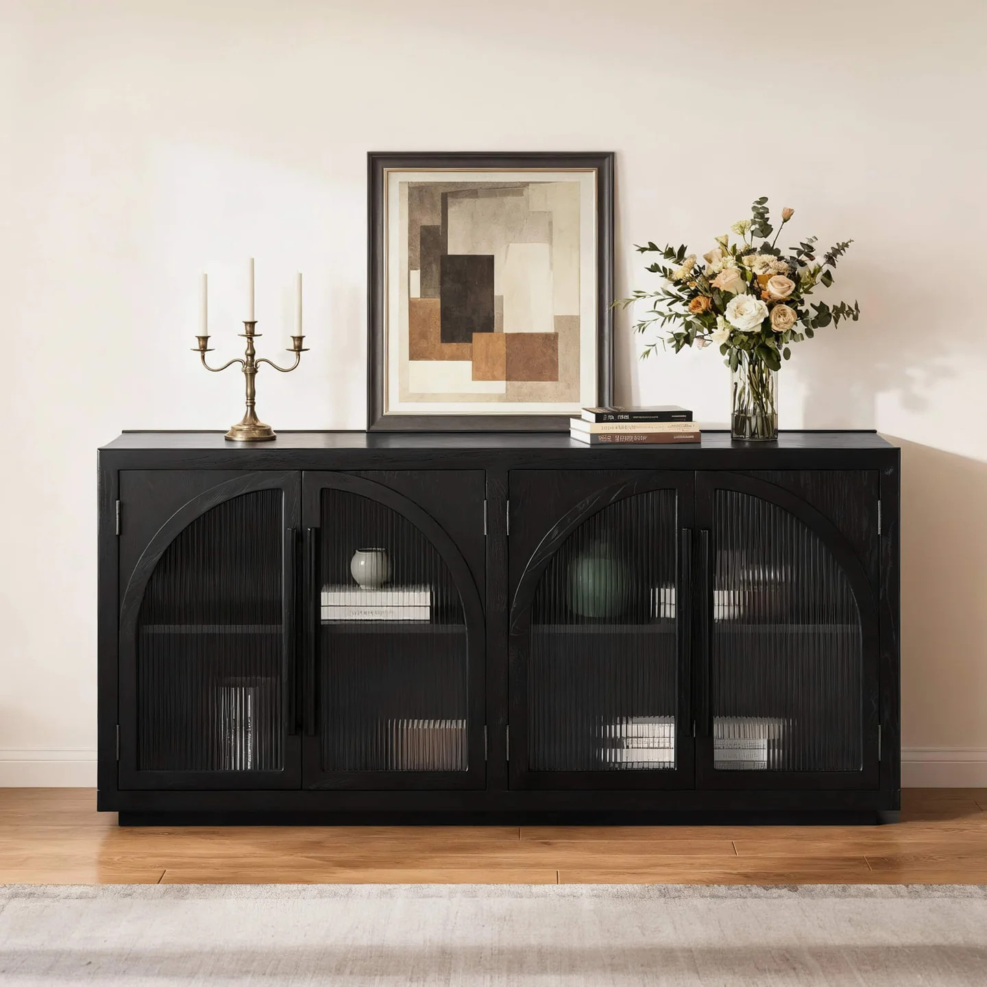 71'' Kyle 4-Door Black Display Sideboard | Oak Veneer | Chita