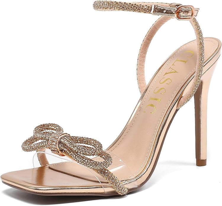 Women's Double Bowknots Heels Crystal Sandals, Silver Strappy High Heels for Women Open SquareToe... | Amazon (US)