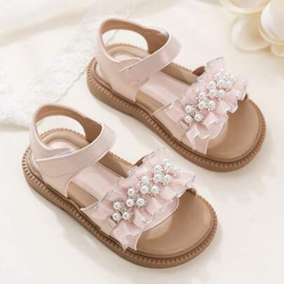 Girls' Pearl Lace PU Pink Sandals, Summer New Party Cute Princess Shoes, Soft Non-Slip Open Toe, Suitable For Party, Wedding, Casual And Daily Wear | SHEIN